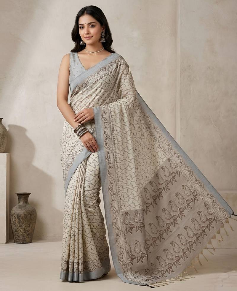 Off white color cotton silk woven designer ethnic partywear saree