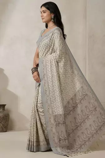 Off white color cotton silk woven designer ethnic partywear saree