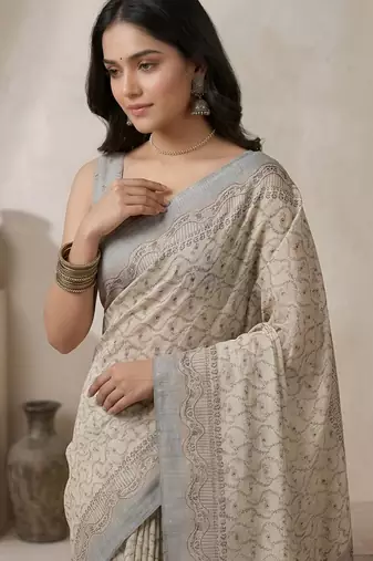Off white color cotton silk woven designer ethnic partywear saree
