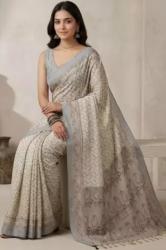 Off white color cotton silk woven designer ethnic partywear saree