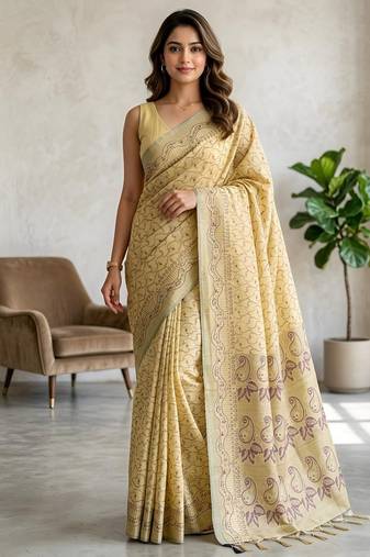 Yellow color cotton silk woven designer ethnic partywear saree