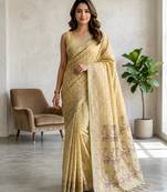 Yellow color cotton silk woven designer ethnic partywear saree