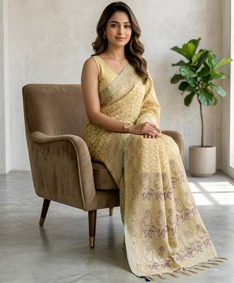 Yellow color cotton silk woven designer ethnic partywear saree 4