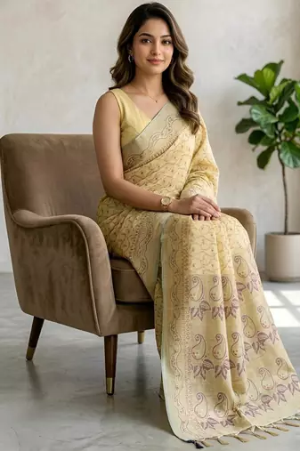 Yellow color cotton silk woven designer ethnic partywear saree