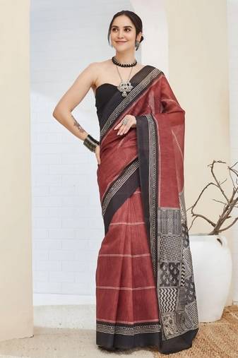 Brown color silk blend fabric designer printed ready to wear saree