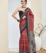 Brown color silk blend fabric designer printed ready to wear saree