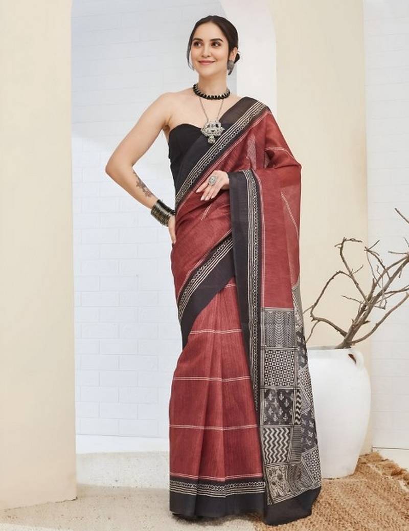 Brown color silk blend fabric designer printed ready to wear saree