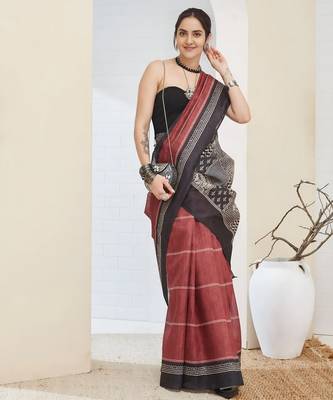 Brown color silk blend fabric designer printed ready to wear saree 3