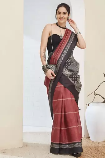 Brown color silk blend fabric designer printed ready to wear saree