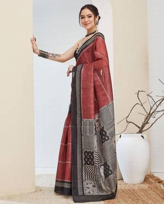 Brown color silk blend fabric designer printed ready to wear saree 4