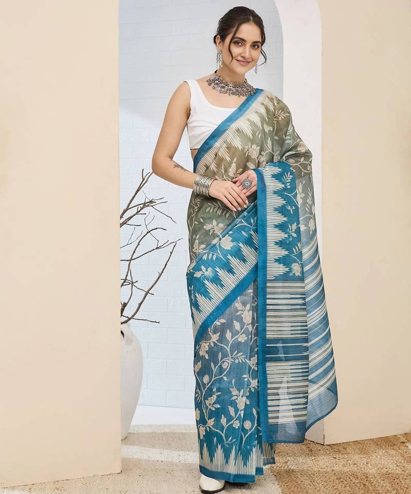 Mahendi color silk blend fabric designer printed ready to wear saree