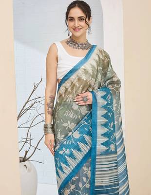 Mahendi color silk blend fabric designer printed ready to wear saree 3