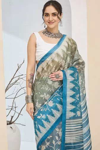Mahendi color silk blend fabric designer printed ready to wear saree