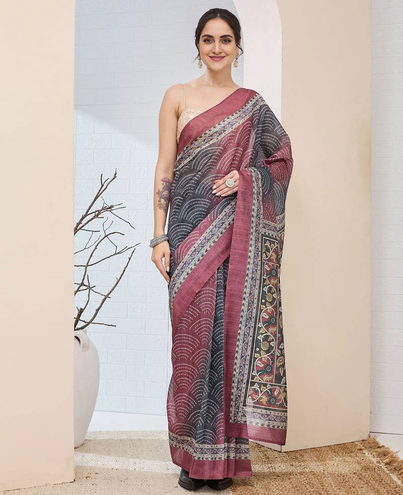 Multi color silk blend fabric designer printed ready to wear saree