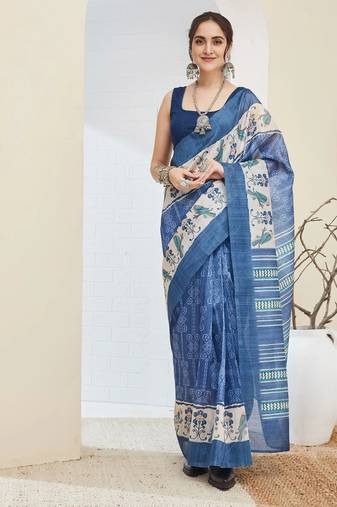 Blue color silk blend fabric designer printed ready to wear saree