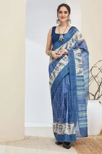 Blue color silk blend fabric designer printed ready to wear saree