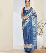 Blue color silk blend fabric designer printed ready to wear saree