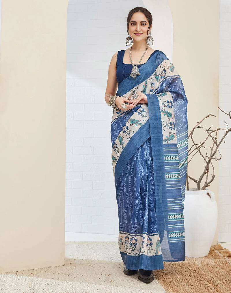 Blue color silk blend fabric designer printed ready to wear saree