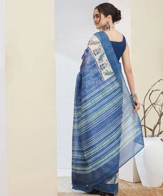 Blue color silk blend fabric designer printed ready to wear saree 2