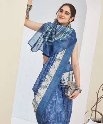 Blue color silk blend fabric designer printed ready to wear saree 3
