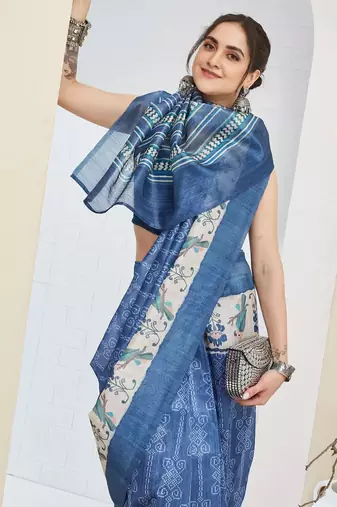 Blue color silk blend fabric designer printed ready to wear saree