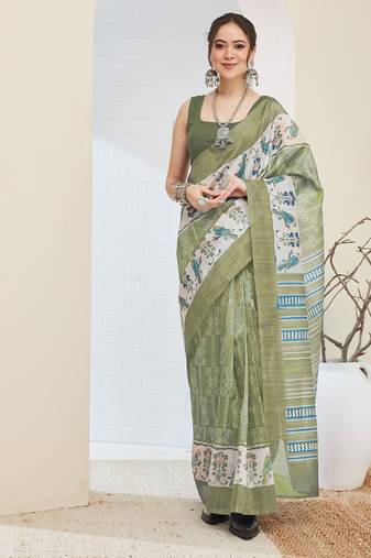 Green color silk blend fabric designer printed ready to wear saree