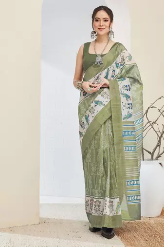 Green color silk blend fabric designer printed ready to wear saree