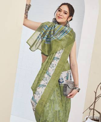 Green color silk blend fabric designer printed ready to wear saree 3