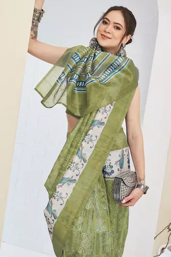 Green color silk blend fabric designer printed ready to wear saree
