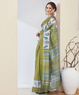 Green color silk blend fabric designer printed ready to wear saree 5