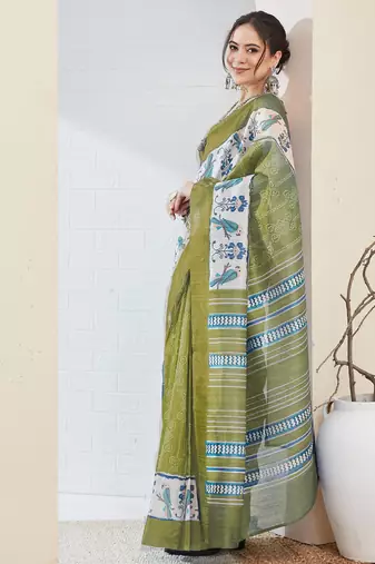 Green color silk blend fabric designer printed ready to wear saree