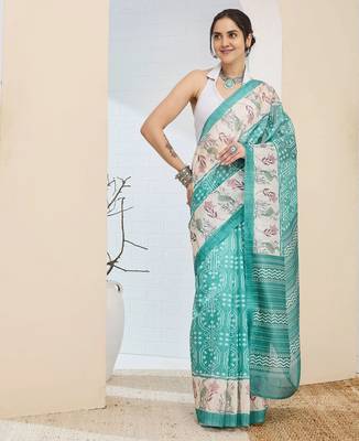 Sea green color silk blend fabric designer printed ready to wear saree 1
