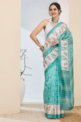 Sea green color silk blend fabric designer printed ready to wear saree