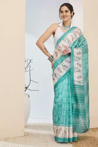 Sea green color silk blend fabric designer printed ready to wear saree