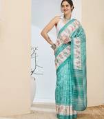 Sea green color silk blend fabric designer printed ready to wear saree