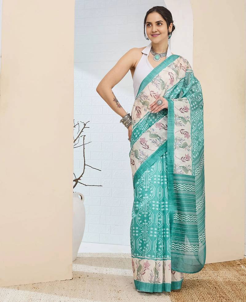 Sea green color silk blend fabric designer printed ready to wear saree