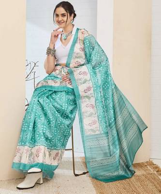 Sea green color silk blend fabric designer printed ready to wear saree 4