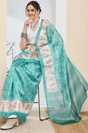 Sea green color silk blend fabric designer printed ready to wear saree