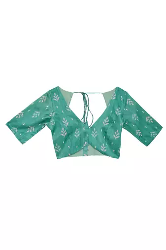 Sea green color silk blend fabric designer printed ready to wear saree