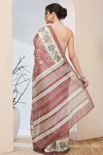 Pink color silk blend fabric designer printed ready to wear saree