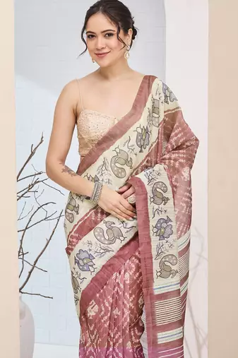 Pink color silk blend fabric designer printed ready to wear saree