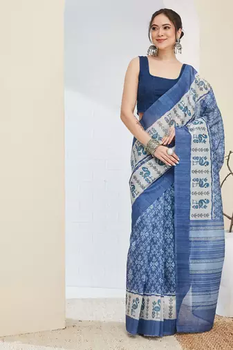 Blue color silk blend fabric designer printed ready to wear saree