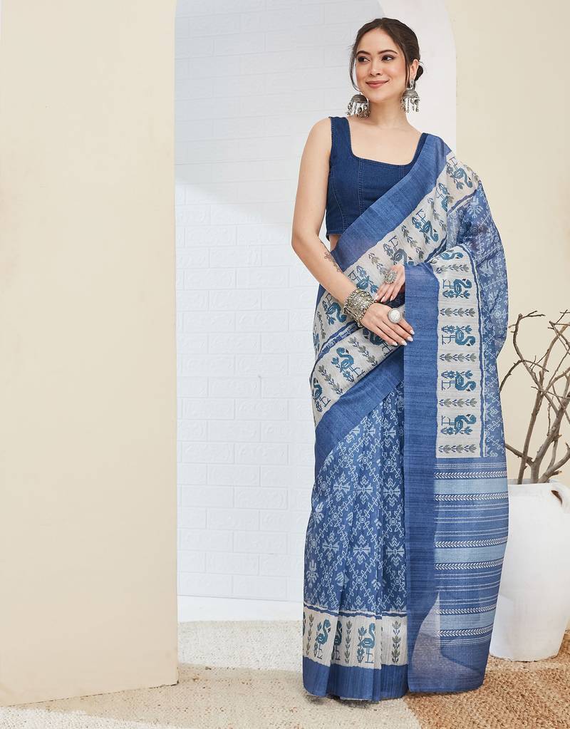 Blue color silk blend fabric designer printed ready to wear saree