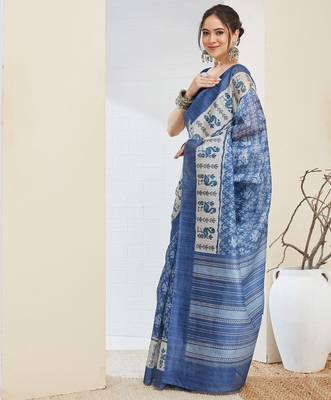Blue color silk blend fabric designer printed ready to wear saree 3