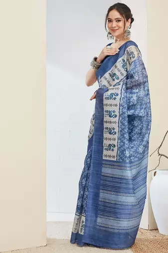Blue color silk blend fabric designer printed ready to wear saree