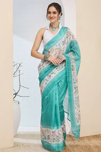 Turquoise color silk blend fabric designer printed ready to wear saree