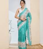 Turquoise color silk blend fabric designer printed ready to wear saree
