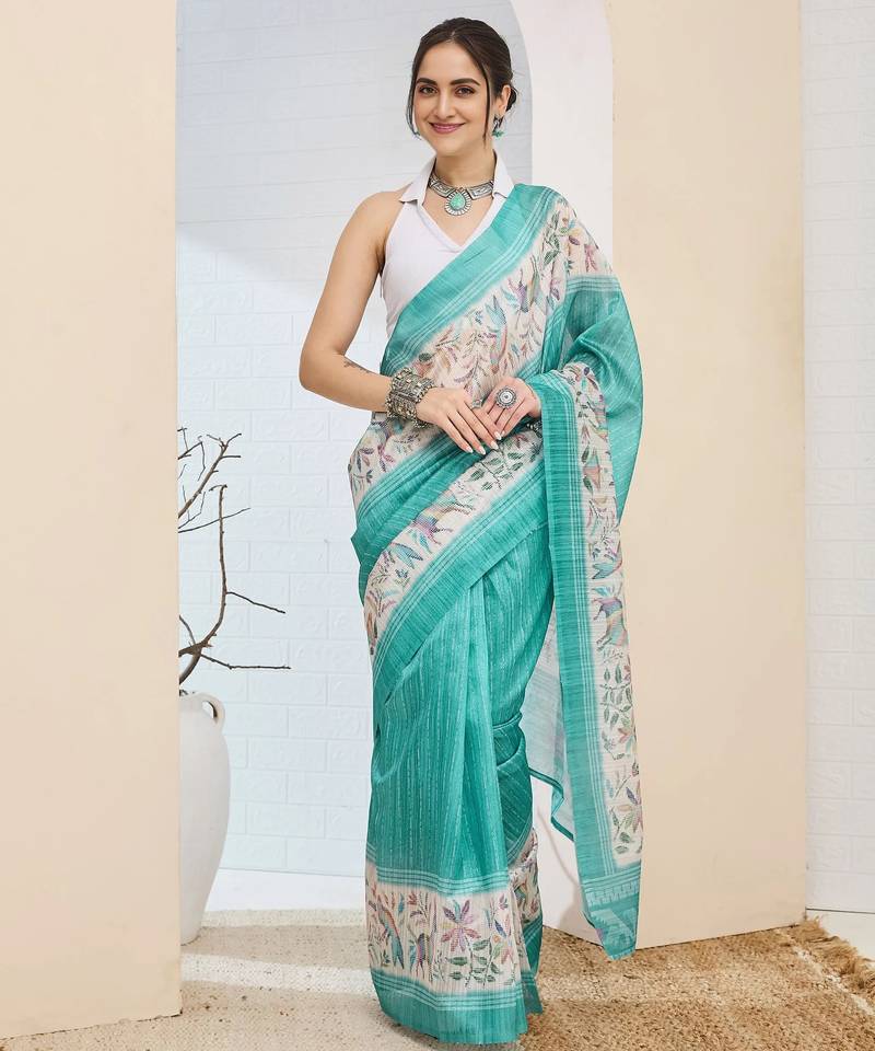 Turquoise color silk blend fabric designer printed ready to wear saree