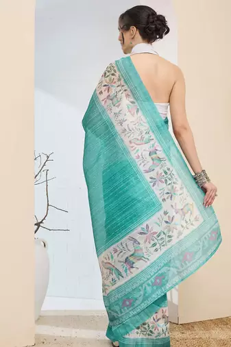 Turquoise color silk blend fabric designer printed ready to wear saree