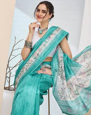 Turquoise color silk blend fabric designer printed ready to wear saree 3